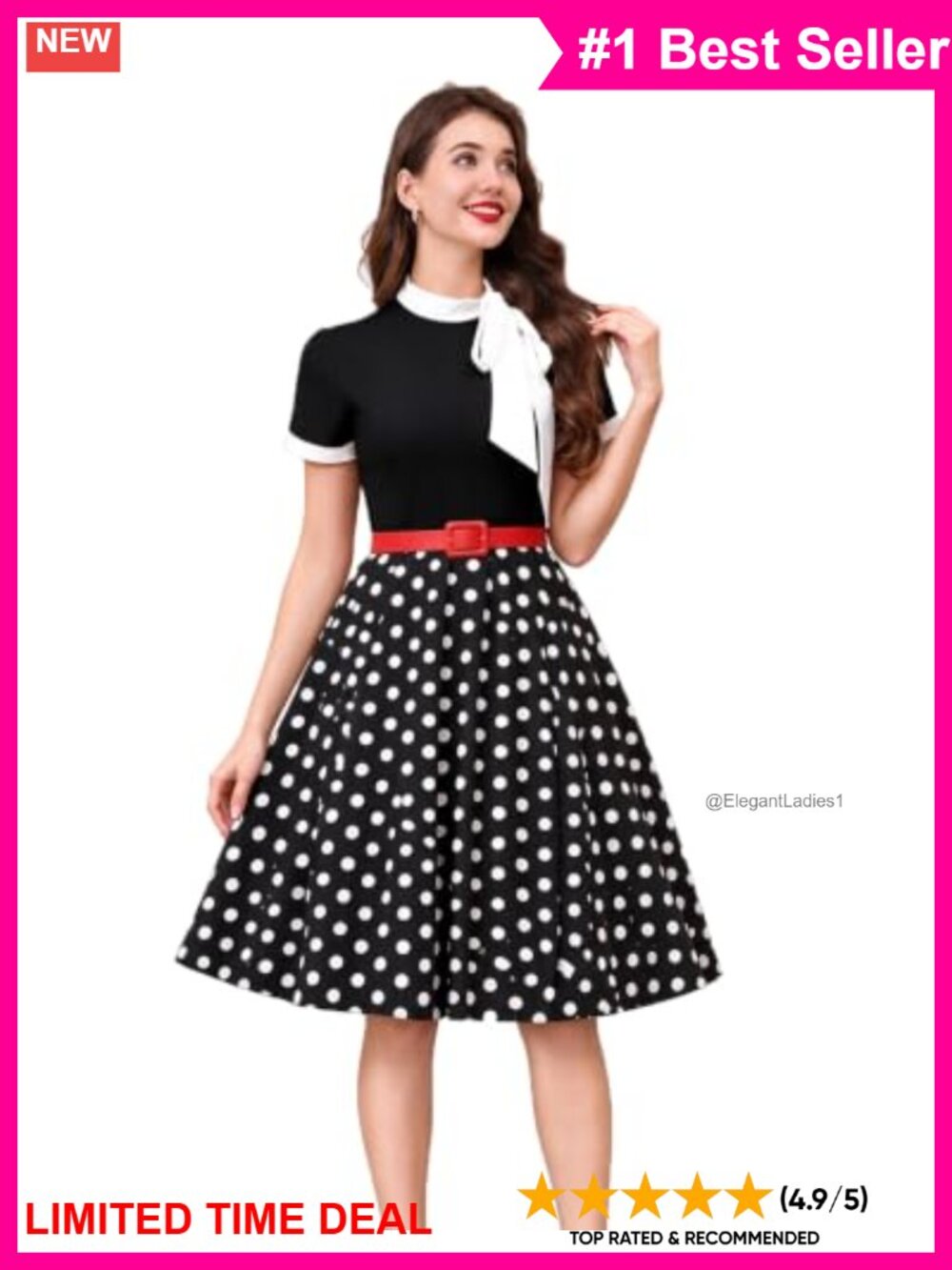 Vintage 50s Swing Midi Dress Short Sleeve Tie Neck A-Line Cocktail